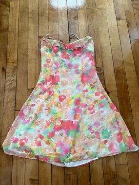Bershka Watercolor Floral A-Line Summer Dress - Pink, Green, Peach